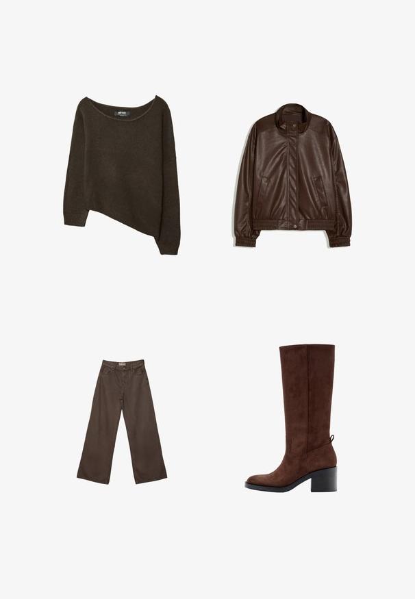 Veste en simili-cuir marron foncé avec col montant, boutons pression à l'avant, poches latérales, poignets et taille élastiques sur fond blanc.; Pull en tricot lâche marron avec un ourlet asymétrique et un col large. Texture douce avec des poignets côtelés et une étiquette à l'intérieur du col.; Pantalons en denim marron à coupe large avec un design classique à cinq poches, dotés d'une fermeture à bouton et d'une texture lisse.; Botte haute en daim marron jusqu'au genou avec un bout carré, un talon bloc et une languette à l'arrière, présentant des coutures nettes et une texture lisse.