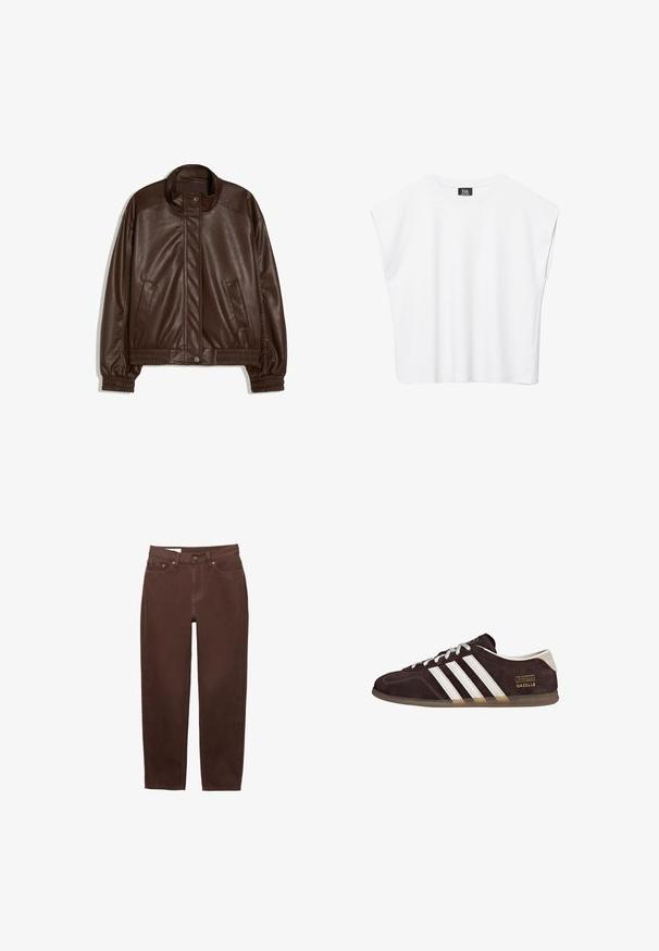 Donkerbruine neplederen jas met opstaande kraag, drukknoopsluiting aan de voorkant, zijzakken en elastische boorden en tailleband op een witte achtergrond.; Witte mouwloze crop top met ronde hals en brede schouders, met een zwart "B6" label aan de binnenkant van de kraag.; Bruine jeans met rechte pijpen, voorzien van een voorste knoop- en ritsluiting, en een ontwerp met vijf zakken op een witte achtergrond.; Bruine suède sneakers met drie witte strepen, rubberen zool en een tekstlabel met de tekst "Gazelle" in goud. Vetersluiting met grijze veters.