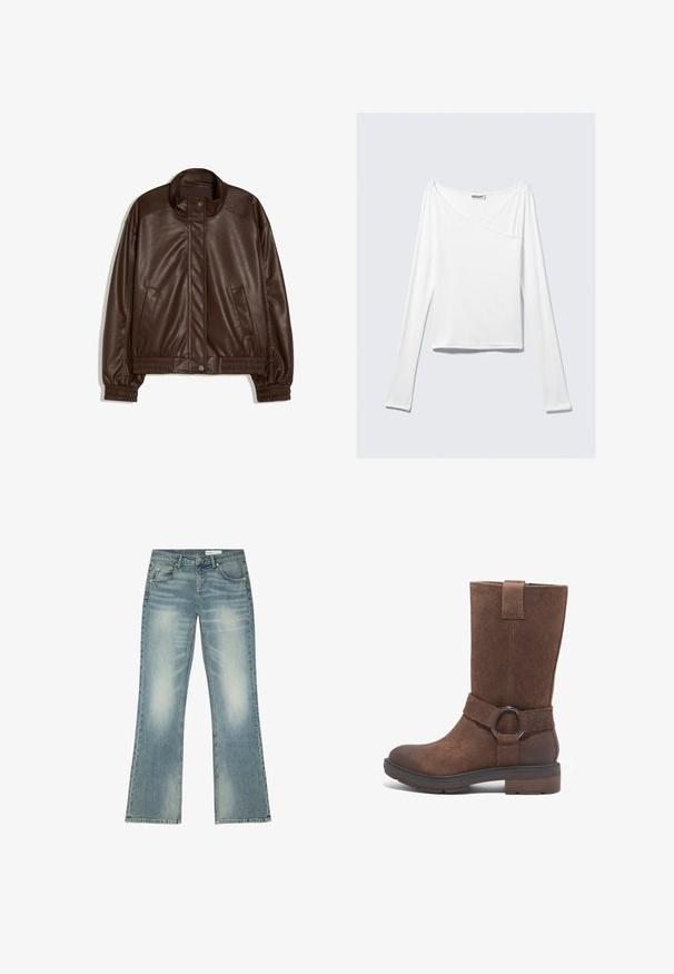 Dunkelbraune Jacke aus Kunstleder mit Stehkragen, vorderen Druckknöpfen, Seitentaschen sowie elastischen Bündchen und Bund auf weißem Hintergrund.; Weißes Langarmoberteil mit einem Überlappungsdesign und einer Tasche. Hergestellt aus einem glatten, elastischen Material. In einem lässigen, entspannten Schnitt.; Blau ausgewaschene Jeans mit geradem Bein, vorderem Knopf und Reißverschluss, Gürtelschlaufen und fünf Taschen, flach auf weißem Hintergrund ausgelegt.; Braune Wildlederstiefel in hoher Form mit runder Zehenpartie, flachem Absatz und einem dekorativen Riemen, der mit einem runden Metallring-Akzent verziert ist.