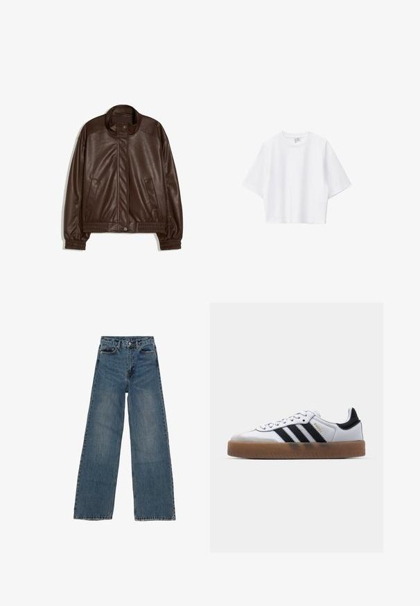 Donkerbruine neplederen jas met opstaande kraag, drukknoopsluiting aan de voorkant, zijzakken en elastische boorden en tailleband op een witte achtergrond.; Witte cropped T-shirt van zacht katoen met een ronde hals, korte mouwen en een comfortabele pasvorm. Eenvoudig en veelzijdig ontwerp.; Blauwe denim wijd uitgesneden jeans met een hoge taille, vijf zakken en contrasterende stiksels. Vervagingen en lichte slijtage zichtbaar op de stof.; Witte leren sneakers met zwarte strepen, gumrubberen buitenzool, ronde neus, vetersluiting en een zachte grijze suède neuskap.