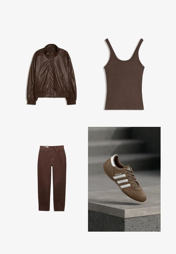 Veste en simili-cuir marron foncé avec col montant, boutons pression à l'avant, poches latérales, poignets et taille élastiques sur fond blanc.; Débardeur femme en maille côtelée marron avec larges bretelles et encolure dégagée, posé à plat sur fond blanc.; Jean marron à jambe droite avec bouton frontal, fermeture éclair et design à cinq poches sur fond blanc.; Baskets Adidas Spezial en daim marron avec des bandes blanches et des lacets, flottant au-dessus d'un rebord en béton gris sur un fond d'escaliers flous.