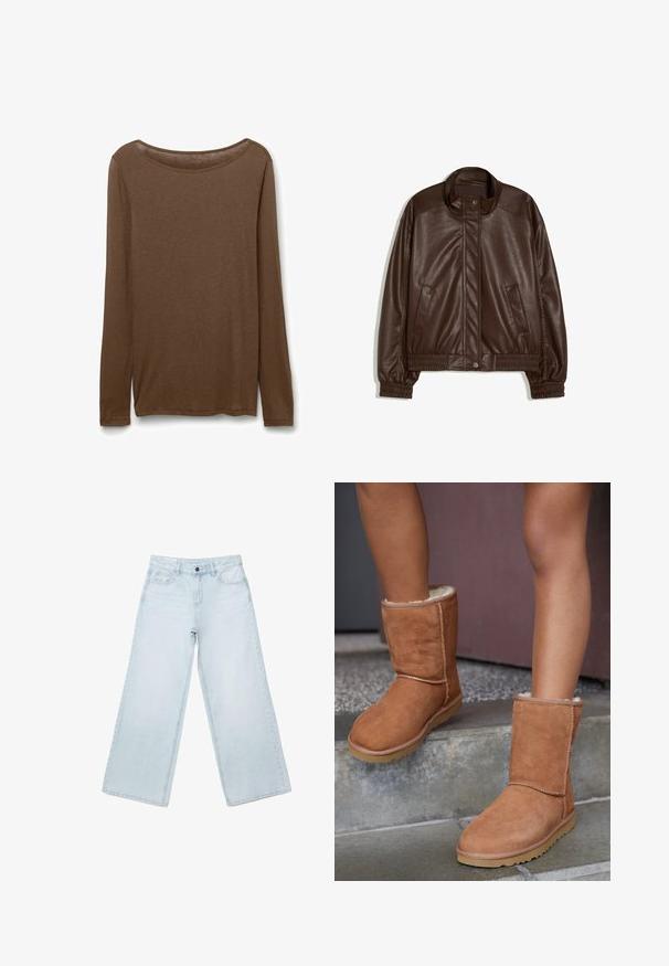 Veste en simili-cuir marron foncé avec col montant, boutons pression à l'avant, poches latérales, poignets et taille élastiques sur fond blanc.; Chemise marron à manches longues en tissu doux, présentant un décolleté arrondi et une coupe droite avec des fentes latérales à l'ourlet pour plus de confort.; Jean large en denim bleu clair avec poches avant, passants pour ceinture et fermeture par bouton.; Bottines en suede marron, à bout rond, avec une doublure douce et une semelle en caoutchouc, présentant des détails de couture visibles le long des coutures.