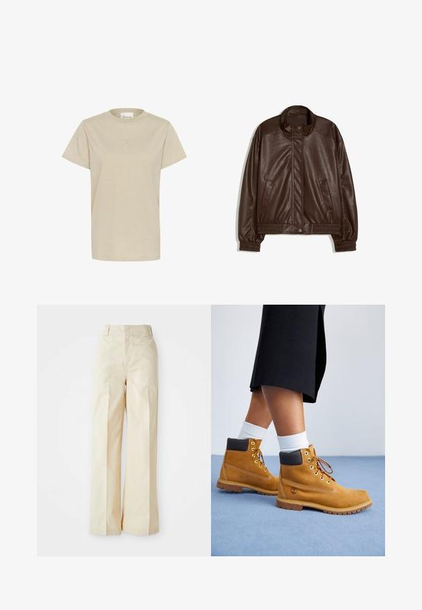 Mørkebrun jakke af kunstlæder med ståkrave, trykknapper foran, sidelommer og elastiske manchetter og linning på hvid baggrund.; Lys beige T-shirt med korte ærmer lavet af blødt stof. Den har en rund hals og et diskret præget logo på brystet.; Beige vidde bukser med høj talje, fremstillet af et glat stof og med fint pressede forkantfolder, sat mod en ensfarvet hvid baggrund.; Tan ruskindsankelstøvler med brune læderdetaljer, guldøjer og en struktureret sål. Hvide sokker synlige over støvlerne.