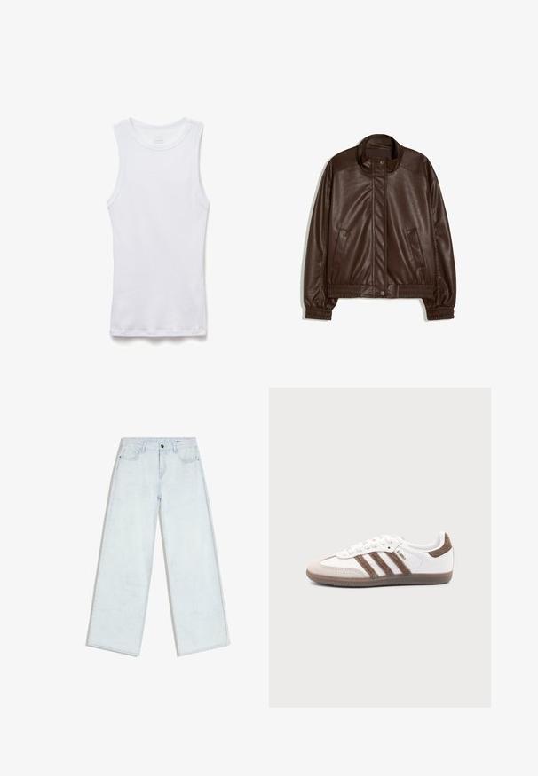 Veste en simili-cuir marron foncé avec col montant, boutons pression à l'avant, poches latérales, poignets et taille élastiques sur fond blanc.; Débardeur sans manches blanc côtelé avec col rond, posé à plat sur un fond blanc.; Jean bleu clair à jambes larges avec fermeture à boutons et fermeture éclair sur le devant, passants pour ceinture et style cinq poches, posé à plat sur un fond blanc.; Baskets Adidas Samba blanches avec des bandes en daim marron, semelle en caoutchouc marron et bout en daim beige, vues du côté extérieur sur un fond uni.