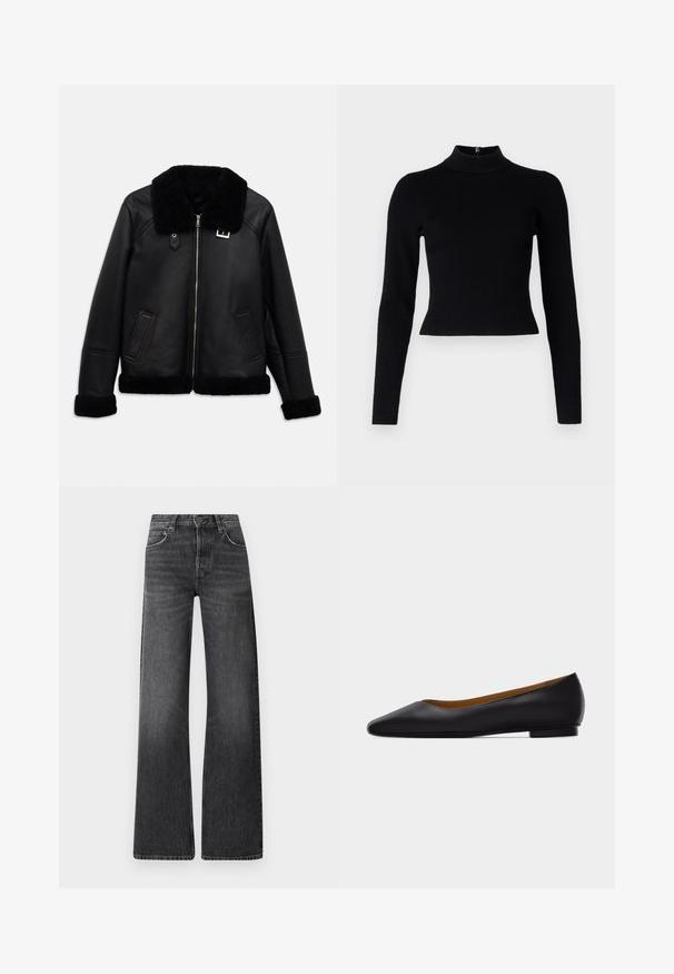 Schwarze Lederjacke mit einem Lammfellkragen, vorderem Reißverschluss und zwei Seitentaschen. Die Ärmelbündchen und der Saum sind ebenfalls mit Lammfell besetzt.; Schwarzer gerippter Rollkragenpullover mit langen Ärmeln und taillierter Silhouette, der eine glatte Textur und einen Reißverschlussdetail auf der Rückseite aufweist.; Schwarze Denim-Jeans mit hoher Taille und weitem Bein. Verfügt über fünf Taschen und eine subtile verbleichte Textur mit kontrastierenden Nähten.; Schwarzer flacher Schuh aus Leder mit spitz zulaufender Vorderkappe, niedrigem Absatz und glatter Oberfläche, von der Seite vor einem hellgrauen Hintergrund dargestellt.