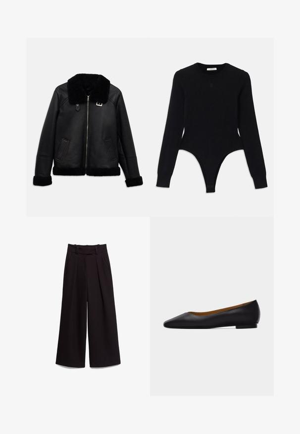 Schwarze Lederjacke mit einem Lammfellkragen, vorderem Reißverschluss und zwei Seitentaschen. Die Ärmelbündchen und der Saum sind ebenfalls mit Lammfell besetzt.; Schwarzer Langarm-Bodysuit mit rundem Ausschnitt, figurnaher Passform und Tanga-Style. Hergestellt aus weichem, elastischem Material für hohen Tragekomfort.; Schwarze, weite Hose mit hohem Bund, Gürtelschlaufen, Seitentaschen und unteren Falten, flach auf weißem Hintergrund ausgelegt.; Schwarzer flacher Schuh aus Leder mit spitz zulaufender Vorderkappe, niedrigem Absatz und glatter Oberfläche, von der Seite vor einem hellgrauen Hintergrund dargestellt.