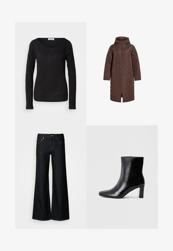 Abrigo largo marrón acolchado con capucha y cremallera frontal, diseñado para clima frío.; Blusa negra de manga larga hecha de una tela ligera y texturizada. Presenta un escote en forma de scoop y una silueta ajustada con un detalle mínimo.; Pantalones vaqueros de pierna ancha y denim oscuro, con cintura alta, diseño de cinco bolsillos y costuras contrastantes en color amarillo a lo largo de las costuras.; Botín negro de tobillo hecho de cuero brillante, con punta afilada y un tacón de bloque medio, con una textura suave y un diseño sencillo.