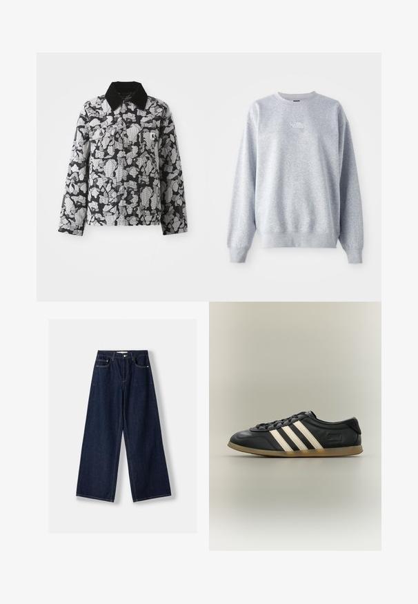 Schwarze und graue Tarnjacke mit schwarzem Kragen, durchgeknöpftem Vorderteil, Brustklappen-Taschen und gelbem Logo-Patch auf der linken Brusttasche.; Grauer Sweatshirt mit langen Ärmeln, rundem Halsausschnitt, gerippten Bündchen und Saum. Verfügt über ein kleines weißes Logo auf der Brust. Material aus Baumwollmischung.; Dunkelblaue Jeans mit weitem Bein, vorderer Knopf- und Reißverschluss, vorderen Taschen und Gürtelschlaufen, flach auf weißem Hintergrund ausgelegt.; Schwarzer Adidas Gazelle Sneaker mit weißen Streifen, schwarzen Schnürsenkeln und hellbrauner Sohle, seitlich auf neutralem Hintergrund gezeigt.