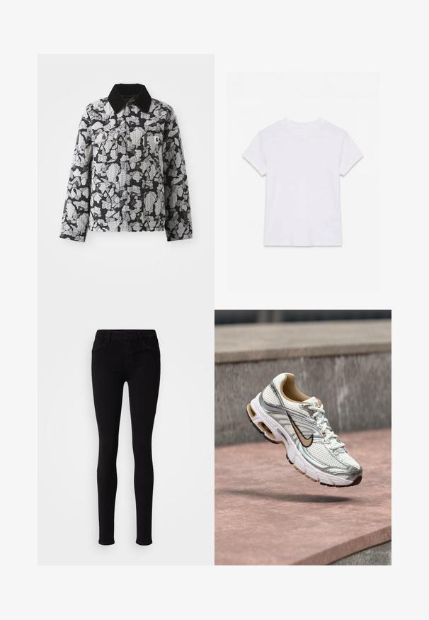 Veste à motif camouflage noir et gris avec col noir, devant boutonné, poches à rabat sur la poitrine, écusson logo jaune sur la poche de poitrine gauche.; T-shirt en coton blanc uni à manches courtes et col rond, étalé à plat sur un fond blanc.; Pantalons slim fit noirs avec fermeture à bouton, passants de ceinture et poches avant, présentés sur un fond clair et uni.; Chaussure de course Nike blanche et argentée avec un logo Swoosh beige, montrée en suspension au-dessus d'une surface en pierre avec un mur gris flou en arrière-plan.