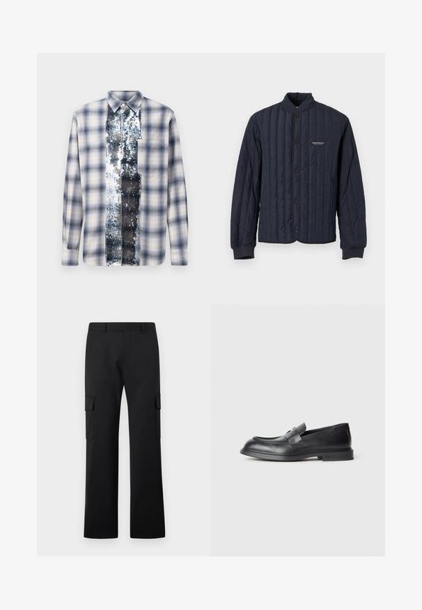 Tmavomodrá prešívaná bunda so zapínaním na patentky, rebrované manžety, bez goliera a malým bielym logom Armani Exchange na hrudi.; Modrá a biela kockovaná košeľa s dlhým rukávom s centrálnym vertikálnym panelom lesklých strieborných flitrov od goliera po spodný lem.; Čierne cargo nohavice s rovnými nohavicami, bočnými vreckami s klapkou a slučkami na opasok na jednoduchom bielom pozadí.; Čierne kožené mokasíny s textúrovaným povrchom, ozdobené dekoratívnym predným pásikom a zaoblenou špičkou. Gumená podrážka pre odolnosť.