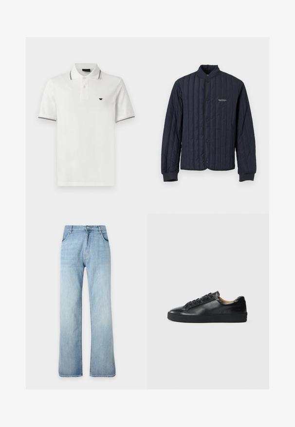 Veste matelassée bleu marine avec fermeture à boutons-pression, poignets côtelés, design sans col et petit logo blanc Armani Exchange sur la poitrine.; Polo blanc à manches courtes avec bordure rayée noire sur le col et les poignets, patte de boutonnage à deux boutons, et petit logo noir sur le côté gauche de la poitrine.; Jean denim bleu clair à coupe droite avec fermeture avant à boutons et zip, poches avant et passants de ceinture, présenté sur un fond uni.; Baskets en cuir noir avec une texture lisse, bout rond et fermeture à lacets. Comprend une semelle en caoutchouc épaisse et un minimum de détails de marque.