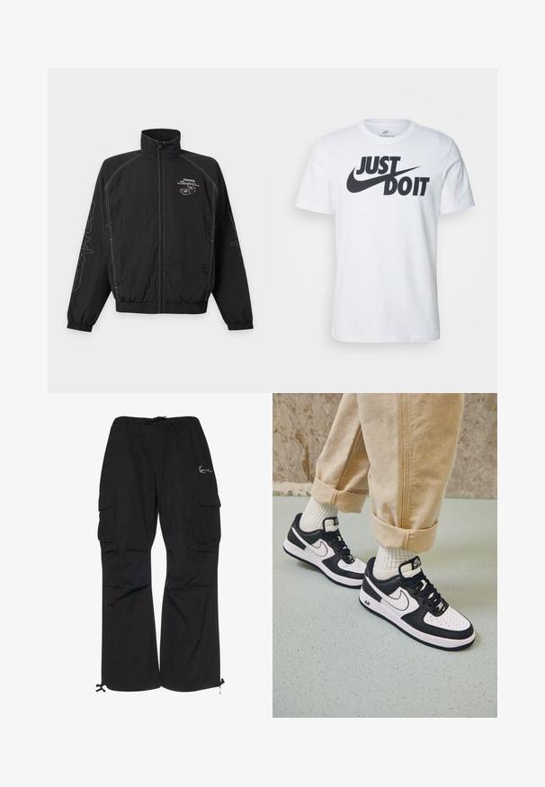 Zwart jack met rits met wit Toyota Supra-logo en autografische print op de borst, witte stiksels en designdetails op beide mouwen.; Witte katoenen t-shirt met een opvallend zwart "Just Do It" logo en de Nike swoosh. Klassiek crew neck ontwerp met korte mouwen.; Zwarte cargobroek van lichtgewicht stof, met een elastische tailleband met koord, zijzakken en verstelbare manchetten.; Zwart-witte Nike Air Force 1 sneakers met een leren bovenwerk, geperforeerde neus en gestructureerde zooldetails, gedragen met opgerolde beige broek en witte sokken.