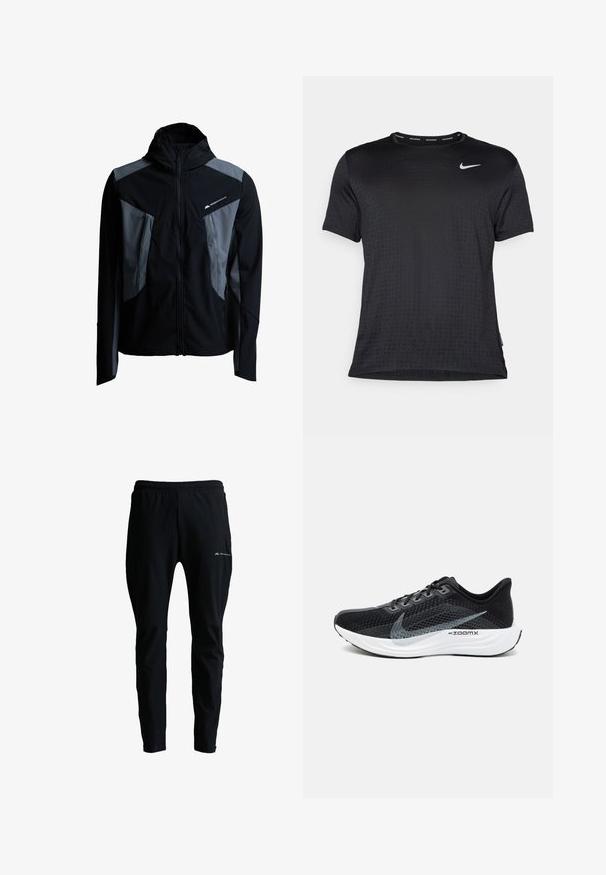 Sort og grå lynlåstrøje med hætte, to forlommer med lynlås og "Monterrain"-logo på øverste bryst.; Sort atletisk T-shirt med korte ærmer, rund hals, åndbart stof, diskret mønster af hævede prikker og et lille hvidt Nike-logo på brystet.; Sorte atletikbukser med elastisk talje, smalle ben og et lille "Monterrain"-logo på det øverste lår.; Sort atletiksko med en åndbar mesh-overdel, grå accenter, en polstret hvid sål og et slankt, strømlinet design.
