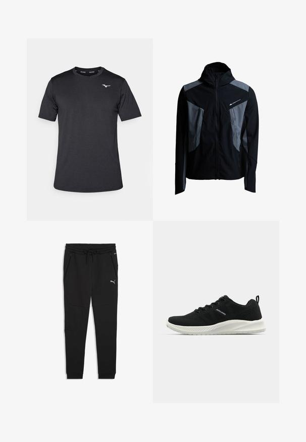 Veste noire et grise zippée avec capuche, deux poches avant zippées et logo "Monterrain" sur la partie supérieure de la poitrine.; T-shirt de sport noir à manches courtes en tissu lisse, avec un col rond et un logo discret sur la poitrine.; Joggeurs noirs avec une taille à cordon, des poches zippées et des poignets élastiques. Fabriqués dans un tissu doux avec une texture lisse. Logo Puma affiché.; Chaussures de sport noires avec un dessus en maille texturée, semelle blanche contrastante et design incurvé. Présente un système de laçage et un détail de logo.
