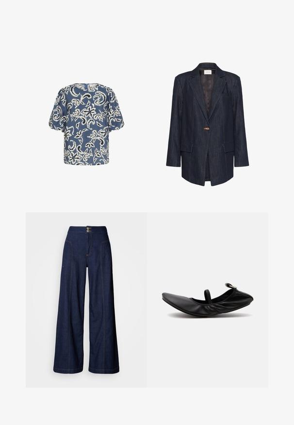 Mørk denimblazer med enkeltknaplukning, hakkede revers, to forlommer og gule syningsdetaljer. Foret inderside.; Lysblå bluse med korte ærmer og hvid blomsterprint, rund halsudskæring og rynkede skuldre. Blødt stof med en let løs pasform.; Jeans med vide ben i mørk denim med kontrastfuld orange syning, to forlommer og dobbelt knaplukning i taljen.; Sort foldet læder balletsko med en enkelt rem og sølvspænde på en ensartet lys baggrund.