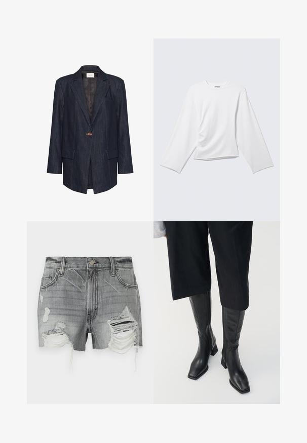 Mørk denimblazer med enkeltknaplukning, hakkede revers, to forlommer og gule syningsdetaljer. Foret inderside.; Simpel hvid langærmet rundhalset trøje med subtilt fald foran og en let løs pasform.; Grå denimshorts med frayed kanter og flere slidte områder, med knaplukning og to frontlommer.; Sorte læder støvler til knæene med firkantet tå og blokhælc. Har en sidezipper og glat tekstur.
