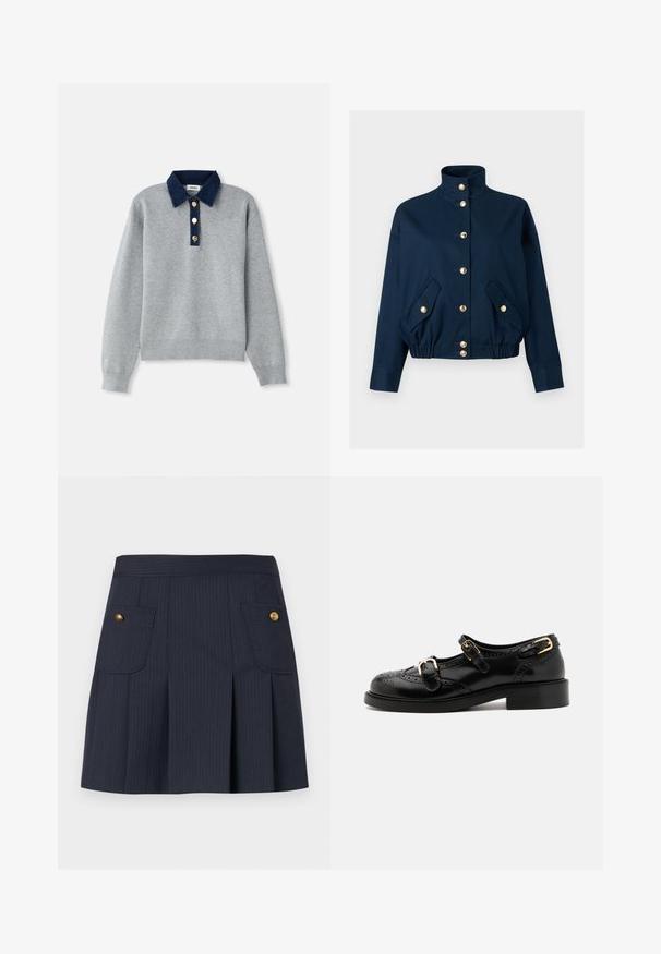 Veste bleu marine avec col montant, boutons-pression dorés sur le devant, ourlet élastique et deux poches avant à rabat avec fermetures à bouton doré.; Sweatshirt gris avec un col en denim bleu foncé, trois boutons dorés et des poignets côtelés. Texture douce avec un design décontracté.; Jupe à rayures bleu marine foncé avec des plis à l'avant et deux poches à rabat ornées de boutons dorés de chaque côté.; Chaussures en cuir noir avec détails de brogue, dotées de deux sangles à boucle, d'un bout arrondi et d'un talon bas. Texture lisse avec finition brillante.