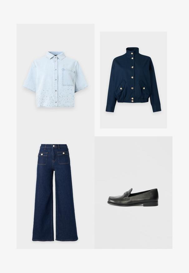 Veste bleu marine avec col montant, boutons-pression dorés sur le devant, ourlet élastique et deux poches avant à rabat avec fermetures à bouton doré.; Chemise en denim bleu clair à manches courtes, poche avant, fermeture à boutons, ornée de sequins argentés et bleus éparpillés près de l'ourlet inférieur.; Jeans en denim bleu foncé à jambes larges, taille haute et deux poches avant à rabat avec boutons.; Mocassins en cuir noir avec un bout arrondi, des détails de couture surélevés et un talon bas empilé. Texture lisse avec un éclat subtil.