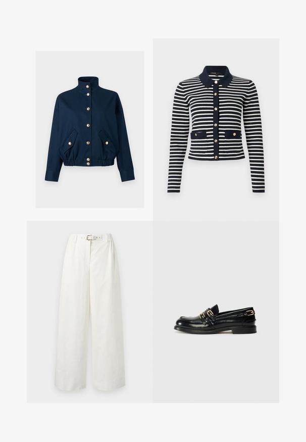 Veste bleu marine avec col montant, boutons-pression dorés sur le devant, ourlet élastique et deux poches avant à rabat avec fermetures à bouton doré.; Cardigan en tricot à manches longues rayé bleu marine et blanc, avec des boutons dorés, un col bleu marine et deux poches avant ornées de boutons.; Pantalon blanc à jambes larges avec une taille haute, doté d'une ceinture assortie avec une boucle dorée et des passants de ceinture.; Mocassins en cuir noir avec une finition brillante, dotés de deux boucles dorées et d'un talon bas. Texture lisse avec un design à bout arrondi.