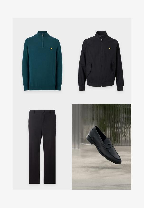 Veste noire à fermeture éclair avec col montant, deux poches avant et un petit logo d'oiseau jaune sur la poitrine gauche.; Pull à manches longues bleu sarcelle avec fermeture éclair au quart, col montant et petit logo d'oiseau jaune sur le côté gauche de la poitrine.; Pantalon noir droit avec passants de ceinture et fermeture à bouton sur le devant, sur fond blanc.; Mocassin en cuir noir à finition lisse, bout pointu et détails cousus sur le dessus. Talon bas et design minimaliste.