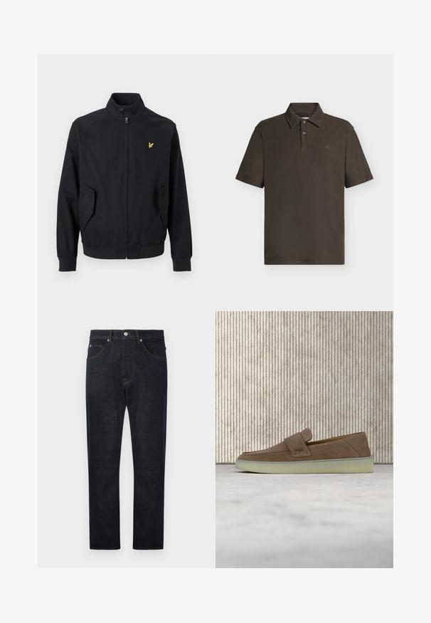 Zwarte jas met ritssluiting, hoge kraag, twee zakken aan de voorkant en een klein geel vogel-logo op de linkerborst.; Donkerbruine korte mouwen polo met kraag, twee knopen en een klein geborduurd logo op de linkerborst.; Donkerblauwe denim jeans met een recht model, voorzien van vijf zakken, contrasterende oranje stiksels en een knoopsluiting bij de taille.; Beige suède instapper loafer met witte rubberen zool en BOSS-logo op de zijband, getoond tegen een effen neutrale achtergrond.