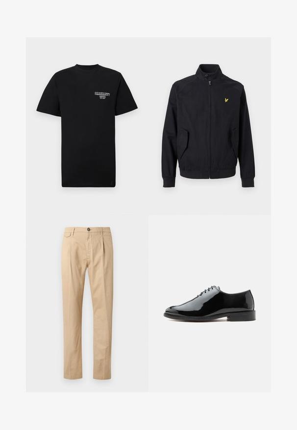 Schwarze Jacke mit Reißverschluss, hohem Kragen, zwei Fronttaschen und einem kleinen gelben Vogel-Logo auf der linken Brust.; Schwarzes Baumwoll-T-Shirt mit kurzen Ärmeln und Rundhalsausschnitt, ausgestattet mit einem weißen Drucklogo auf der linken Brust. Glatte Textur, normale Passform.; Beige Baumwollhosen für Herren im Straight-Leg-Schnitt mit Fronttaschen, Gürtelschlaufen, Knopfverschluss und Reißverschluss auf einem weißen Hintergrund.; Schwarzer glänzender Lederschuh mit geschlossener Schnürung, niedrigem Absatz und glatter, abgerundeter Spitze, von der Außenseite auf neutralem Hintergrund dargestellt.
