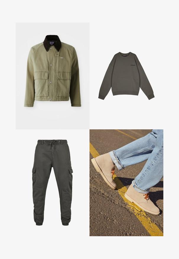 Veste en denim vert olive avec un col en daim marron, dotée de boutons-pression, de deux poches avant et d'un petit logo sur la poitrine gauche.; Pegador LOGO - Pullover - anthracite; Pantalons cargo en coton gris foncé avec une taille élastique, cordon de serrage réglable et plusieurs poches latérales. Poignets élastiques aux chevilles.; Bottines en daim beige avec des lacets orange, bout rond et semelle en caoutchouc légère, associées à un jean en denim bleu clair retroussé.