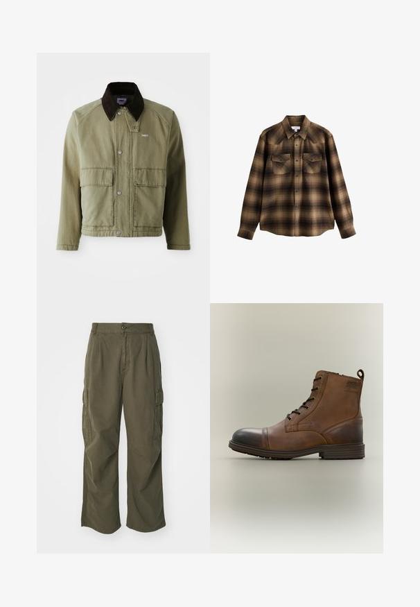 Olivenfarvet denimjakke med en brun ruskindsfarvet krave, med trykknapper, to forlommer og et lille logo på venstre bryst.; Brun og sort ternet langærmet skjorte med krave, trykknapper foran og to brystlommer med klap og knapper.; Cargo bukser i olivengrøn, lavet af bomuld, med et bredt ben design, læg og sidelommer til praktisk anvendelse.; Brun læderstøvle med snørebånd, sort tåhætte, rund sål og mærket detalje på siden mod ensfarvet baggrund.