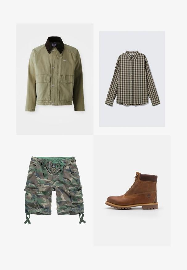 Veste en denim vert olive avec un col en daim marron, dotée de boutons-pression, de deux poches avant et d'un petit logo sur la poitrine gauche.; Chemise à manches longues avec un motif à carreaux dans des tons de bleu foncé, beige et noir, avec un col évasé et un ourlet arrondi.; Shorts cargo à motif camouflage, dotés de plusieurs poches, d'une taille élastique avec cordons de serrage et d'un matériau en coton.; Botte de randonnée en cuir marron avec une finition lisse, cheville rembourrée, œillets en métal et semelle en caoutchouc dotée d'un motif de crampons robuste.