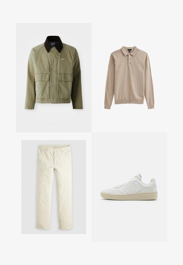 Olivenfarbene Jeansjacke mit einem braunen Wildledkragen, ausgestattet mit Druckknöpfen, zwei Fronttaschen und einem kleinen Logo auf der linken Brust.; Beige Langarm-Polohemd mit Kragen, drei Knöpfen und gerippten Bündchen. Weicher Stoff mit einheitlicher Textur.; Helle beigefarbene, lässig geschnittene Hose mit drei Taschen, Gürtelschlaufen und geradem Bein. Hergestellt aus einem weichen Baumwoll-Mix.; Weiße Leder-Sneaker mit strukturierter Oberfläche und gepolstertem Kragen. Sie verfügen über eine beigen Gummisohle und dezente Markenkennzeichnung an der Ferse und an der Seite.