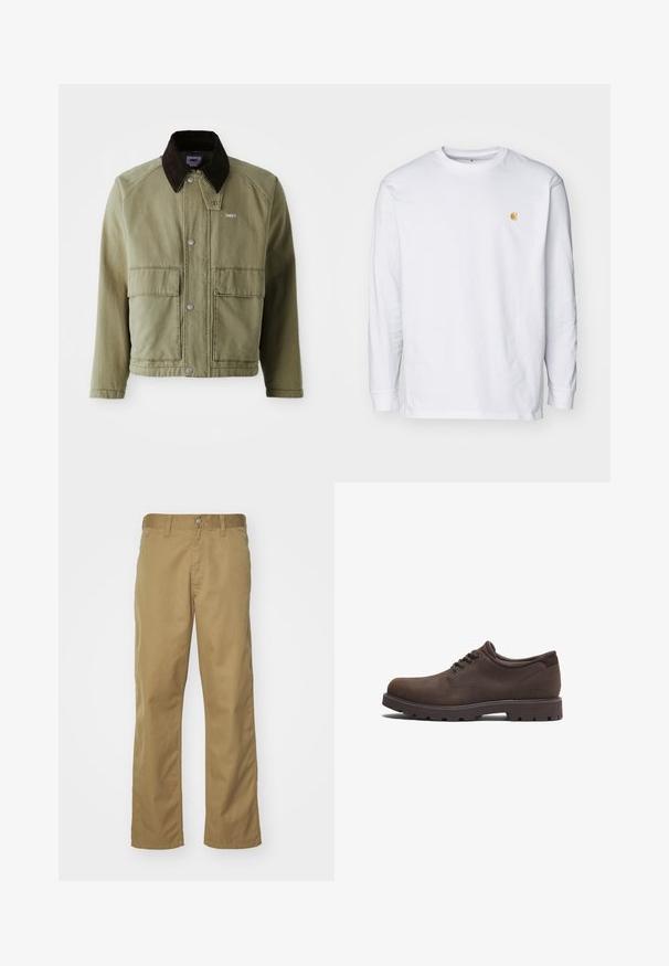 Chaqueta de mezclilla verde oliva con un cuello de ante marrón, con botones a presión, dos bolsillos frontales y un pequeño logo en el lado izquierdo del pecho.; Camiseta de manga larga blanca de algodón. Cuenta con un pequeño logo dorado en el pecho y un cuello redondo. Diseño simple y corte estándar.; Chinos caqui con diseño de pierna recta, elaborados en una suave tela de algodón. Cuentan con un cierre frontal de botón y bolsillos laterales.; Zapatos de cuero marrón con puntera redondeada y diseño de cordones. Presentan una superficie texturizada y una suela de goma de alta tracción. Logo sutil en el lado.