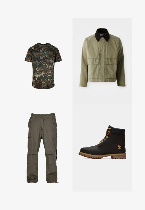 Chaqueta de mezclilla verde oliva con un cuello de ante marrón, con botones a presión, dos bolsillos frontales y un pequeño logo en el lado izquierdo del pecho.; Camiseta de camuflaje hecha de algodón, con un estampado multicolor en verde, marrón y negro. Cuello redondo y mangas cortas.; Pantalones cargo de color verde oliva, confeccionados en algodón, con múltiples bolsillos, corte recto y puños en el tobillo ajustables. Incluye costuras reforzadas para mayor durabilidad.; Bota de cuero negro de tobillo con ojales dorados, acentos marrones y suela de goma. Presenta un cuello acolchado y un logotipo en relieve en el costado.