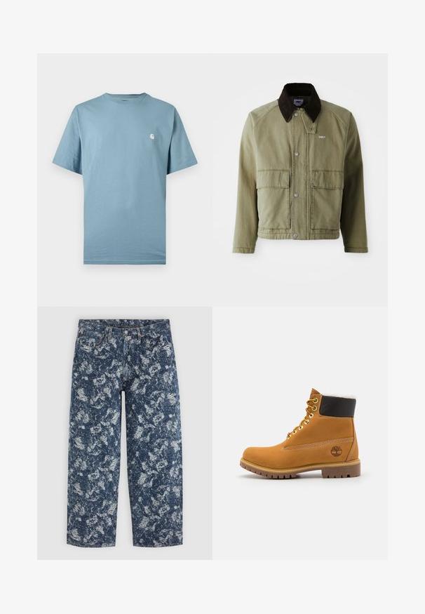 Chaqueta de mezclilla verde oliva con un cuello de ante marrón, con botones a presión, dos bolsillos frontales y un pequeño logo en el lado izquierdo del pecho.; Camiseta azul claro de manga corta con cuello redondo y un pequeño logo blanco en el pecho izquierdo, mostrada sobre un fondo liso.; Vaqueros de mezclilla azul y blanco con lavado ácido, corte recto, cierre delantero con botón y cremallera, y diseño de cinco bolsillos.; Botín de cuero marrón con ojales de metal, forro de piel sintética blanca, cuello acolchado negro, suela resistente y logotipo en relieve en el costado.