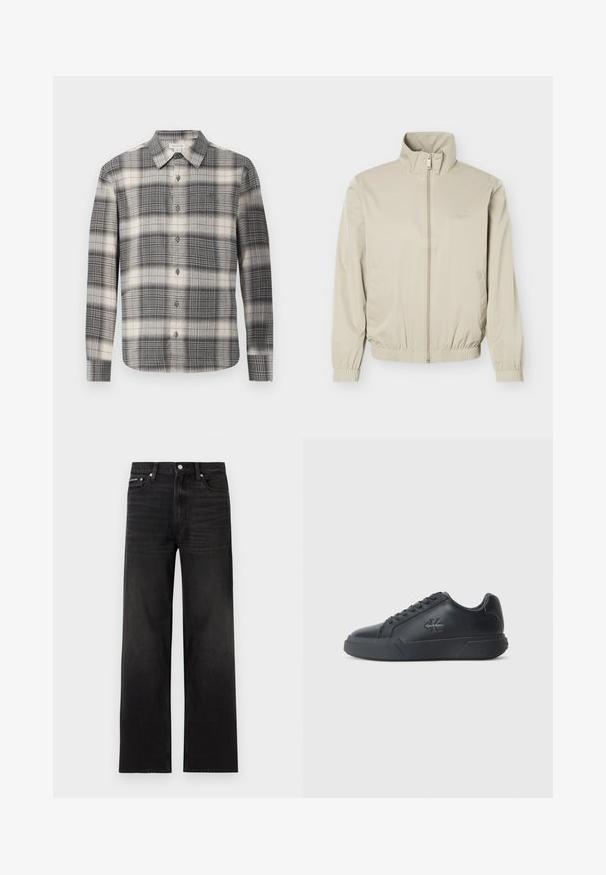 Beige letvægtsjakke med ståkrave, lynlås foran, elastiske manchetter og kant, med sidelommer og diskret logo på brystet.; Langærmet ternet skjorte i sort og creme. Har knaplukning foran, klassisk krave og varierende ternede mønster. Blødt stof.; Sorte jeans med lige ben, fem-lomme design, bæltestropper og knaplukning, vist på en hvid baggrund.; Sorte lædersneakers har en rund tå, flad sål og snørebåndsdesign. Bemærkelsesværdige detaljer inkluderer et diskret logo på siden.