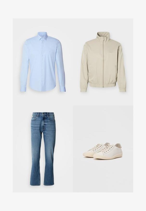 Veste légère beige avec col montant, fermeture éclair à l'avant, poignets et ourlet élastiques, dotée de poches latérales et d'un logo discret sur la poitrine.; Chemise boutonnée bleu clair en coton, avec un col classique, des manches longues et un petit logo sur la poitrine. Texture lisse.; Jeans en denim bleu clair avec une coupe droite et une légère évasée. Comprend cinq poches, une fermeture à bouton et des détails de décoloration subtils.; Baskets blanches en cuir lisse avec des coutures ton sur ton, fermeture à lacets, bout arrondi et semelle en caoutchouc texturée.