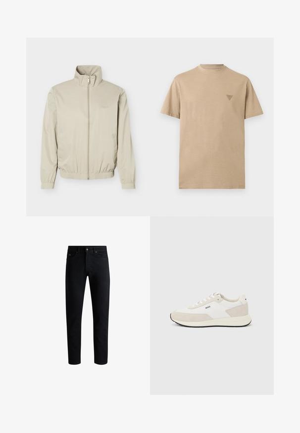Beige letvægtsjakke med ståkrave, lynlås foran, elastiske manchetter og kant, med sidelommer og diskret logo på brystet.; Beige kortærmet T-shirt med rund halsudskæring og en lille trekantet logo på venstre bryst, ensfarvet design, standard pasform.; Sorte slim-fit jeans med fem lommer, knaplukning og bæltestropper, præsenteret mod en hvid baggrund.; Hvid og beige lavtop-sneakers med sort ydersål, hvide snørebånd og "BOSS"-logo på siden, vist i profil på grå baggrund.
