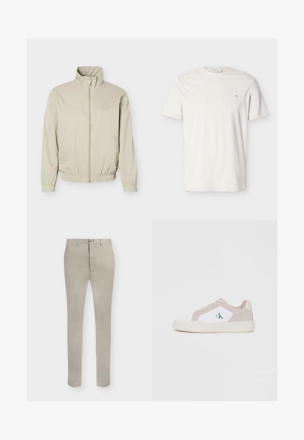 Veste légère beige avec col montant, fermeture éclair à l'avant, poignets et ourlet élastiques, dotée de poches latérales et d'un logo discret sur la poitrine.; T-shirt blanc uni à manches courtes avec col rond et petit écusson logo CK sur le côté gauche de la poitrine.; Pantalon beige slim fit avec passants de ceinture, fermeture par bouton et braguette zippée, présenté sur fond blanc.; Baskets blanches et beiges, composées de daim et de toile, avec un design superposé, un bout arrondi, un système de laçage et un détail de logo vert.
