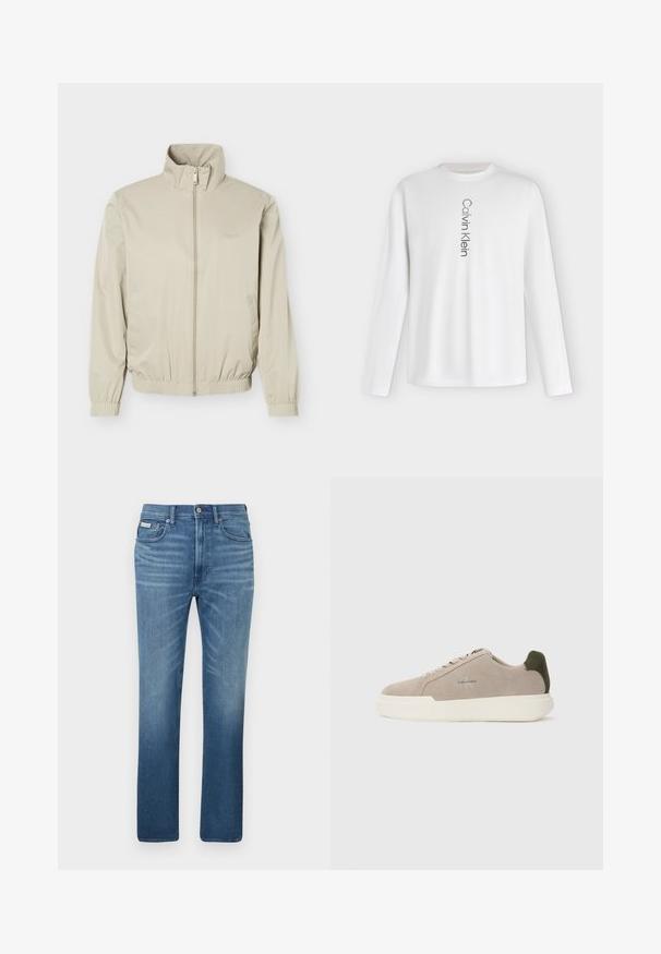 Beige letvægtsjakke med ståkrave, lynlås foran, elastiske manchetter og kant, med sidelommer og diskret logo på brystet.; Hvid langærmet crewneck-trøje med lodret "Calvin Klein"-logo trykt i sort ned langs midten foran.; Lyseblå denimjeans med et lige snit, fem lommer og en falmet finish, med et mærke på linningen.; Beige ruskinds sneakers med en hvid gummisål, der har en mørkegrøn hælaccent og subtil branding på siden.