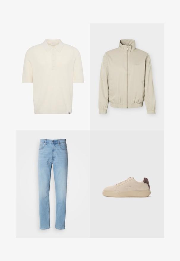 Veste légère beige avec col montant, fermeture éclair à l'avant, poignets et ourlet élastiques, dotée de poches latérales et d'un logo discret sur la poitrine.; Polo en maille à manches courtes couleur crème avec quatre boutons et une petite étiquette logo Calvin Klein à l’ourlet.; Jean en denim bleu clair avec une coupe droite, cinq poches et passants de ceinture. Le tissu présente une texture lisse avec un léger effet dégradé.; Baskets en daim beige avec un bout rond, lacets à l'avant et un accent en daim marron sur le talon. Dotées d'une semelle en caoutchouc texturé.