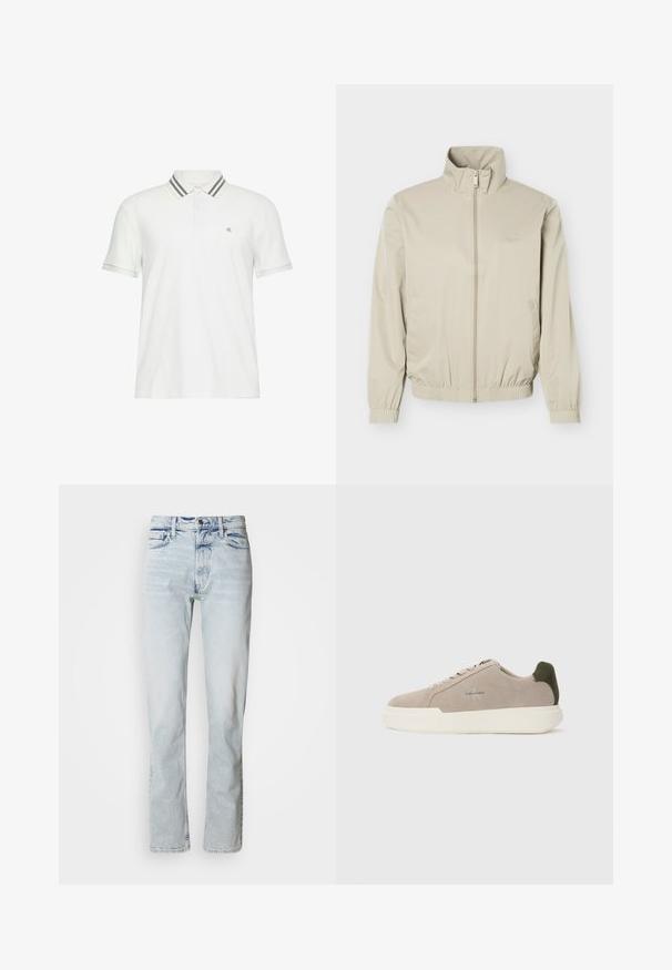 Veste légère beige avec col montant, fermeture éclair à l'avant, poignets et ourlet élastiques, dotée de poches latérales et d'un logo discret sur la poitrine.; Polo blanc à manches courtes avec col rayé gris et petit logo "cK" sur la poitrine gauche.; Jean en denim bleu clair à coupe droite, texture usée, design à cinq poches et une fermeture classique par bouton à la taille.; Baskets en suède beige avec une semelle en caoutchouc blanche, présentant un accent de talon vert foncé et une branding subtile sur le côté.