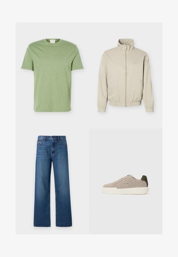 Veste légère beige avec col montant, fermeture éclair à l'avant, poignets et ourlet élastiques, dotée de poches latérales et d'un logo discret sur la poitrine.; T-shirt en coton vert clair à manches courtes, col rond et petit logo brodé sur la poitrine gauche.; Jean bleu à taille haute et coupe droite, avec bouton et fermeture éclair à l'avant, cinq poches, et un petit patch de marque sur la poche droite.; Baskets en suède beige avec une semelle en caoutchouc blanche, présentant un accent de talon vert foncé et une branding subtile sur le côté.