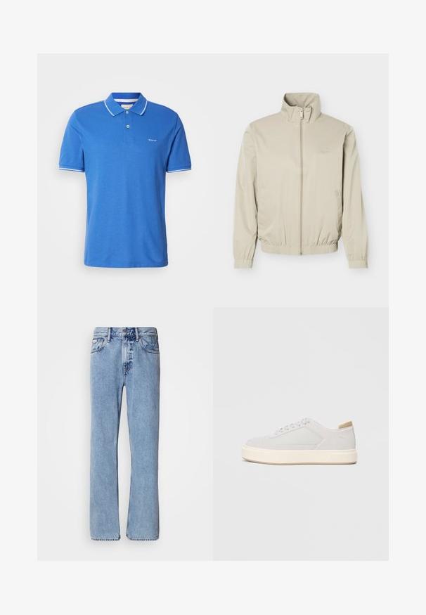 Beige leichte Jacke mit Stehkragen, Frontreißverschluss, elastischen Bündchen und Saum, mit Seitentaschen und dezentem Logo auf der Brust.; Blaues Poloshirt aus Baumwolle mit klassischem Kragen. Verfügt über weiße Akzente an den Ärmeln, ein Logo auf der Brust und eine Knopfleiste.; Hellblaue Jeans aus Denim mit geradem Bein, fünf Taschen und Knopfverschluss. Nähte in der Nähe der Taschen und des Bundes.; Hellgraue Sneaker mit einer glatten Synthetik-Oberfläche, runder Spitze und einer strukturierten cremefarbenen Zwischensohle. Helle tanfarbene Akzente an der Ferse.