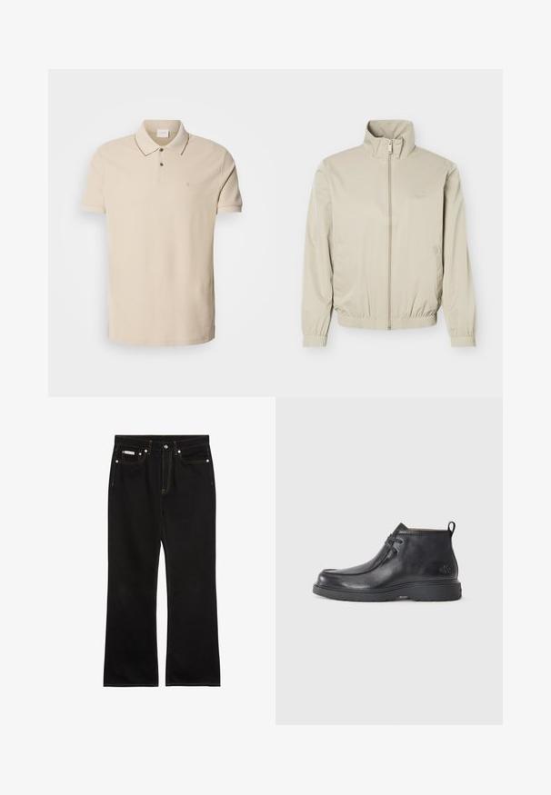 Beige leichte Jacke mit Stehkragen, Frontreißverschluss, elastischen Bündchen und Saum, mit Seitentaschen und dezentem Logo auf der Brust.; Beige Poloshirt aus Baumwolle, mit einer Knopfleiste mit zwei Knöpfen, kurzen Ärmeln und einem kleinen Logo auf der Brust. Kontrastierende Nähte.; Schwarze Jeans mit geradem Bein, oranger Naht, fünf Taschen, Knopfverschluss und kleinem Calvin Klein-Label auf der vorderen rechten Tasche.; Schwarze Leder-Stiefel bis zur Knöchel mit runder Zehenform, Schnürdesign und einer Ziehlasche auf der Rückseite. Strukturiertes Obermaterial und Gummisohle.