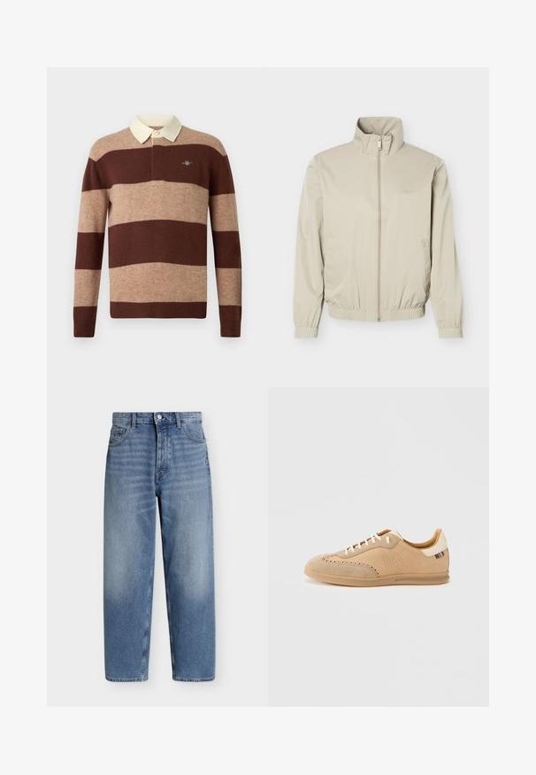 Beige leichte Jacke mit Stehkragen, Frontreißverschluss, elastischen Bündchen und Saum, mit Seitentaschen und dezentem Logo auf der Brust.; Langärmliges Rugby-Shirt mit breiten horizontalen braunen und beige gestreiften Mustern sowie einem cremefarbenen Kragen, das ein kleines gesticktes Logo auf der Brust präsentiert.; Hellblaue Jeans mit geradem Bein, vorne mit Knopf- und Reißverschluss, Vorder- und Gesäßtaschen sowie dezentem Verblassen an den Oberschenkeln.; Beige Wildleder-Sneaker mit perforierten Details, cremefarbenen Schnürsenkeln und einer strukturierten braunen Sohle, mit einem farblich kontrastierenden Akzent an der Ferse.