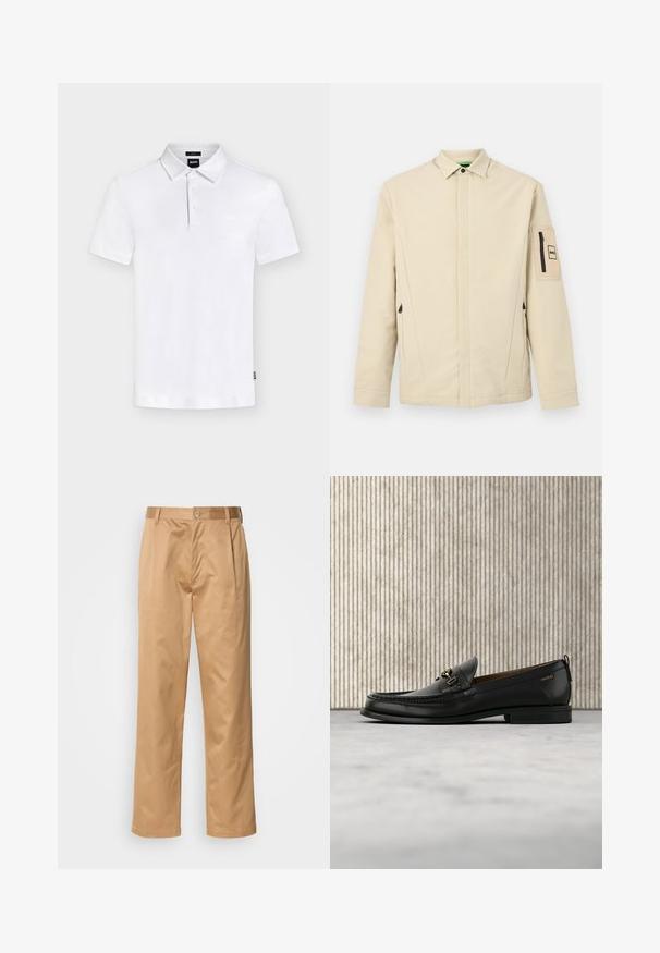 Beige jakke med skjult frontlynlås, trykknapkrave, lynlåslommer og en lynlåslomme med BOSS-logo på venstre ærme.; Hvid kortærmet polo med krave og tre knapper, med subtilt "BOSS" logo på brystet og lille mærkat i siden.; Khaki bukser, blanding af bomuld, lige ben-design, frontfald, bæltesløjfer og knaplukning. Glat tekstur uden mønstre.; Sort læderloafers med guldfarvet metaldekoration og "HUGO" branding, vist mod en beige tæppe og brunt gennemsigtigt møbel.