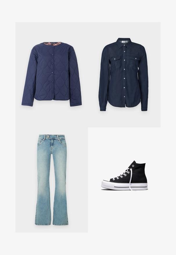 Veste matelassée bleu marine avec manches longues, col rond et boutons-pression sur le devant, révélant une doublure intérieure à motifs.; Chemise boutonnée bleu marine en tissu léger, dotée de deux poches avant, de manches longues et d'un col classique avec un ourlet arrondi.; Jean flare bleu clair en denim. Il présente une taille ajustée avec deux poches avant et un léger effet délavé.; Baskets montantes en toile noire avec semelle en caoutchouc blanche et lacets blancs, vues de côté sur un fond blanc.