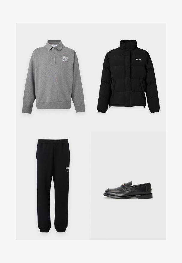 Veste matelassée noire avec col montant, poches avant, poignets élastiques et logo blanc Moschino sur la poitrine gauche.; Sweat-shirt polo gris à manches longues avec trois boutons et un petit patch logo blanc "Maison Kitsuné" sur la poitrine gauche.; Pantalon de survêtement noir avec taille et poignets élastiques, présentant un petit logo "Moschino" blanc sur la partie supérieure de la cuisse gauche.; Des mocassins en cuir noir présentent un bout arrondi, des détails cousus et un petit accent doré à l'avant. La semelle est plate et discrète.