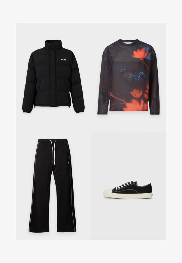 Veste matelassée noire avec col montant, poches avant, poignets élastiques et logo blanc Moschino sur la poitrine gauche.; Top noir à manches longues en mesh avec accents bleus et grandes imprimés de fleurs rouges floues sur le devant et les manches, col rond, étiquette de la marque à l'intérieur du col.; Pantalon noir à jambes larges avec une bande blanche sur le côté, taille élastique et cordon blanc, sur fond gris uni.; Baskets en toile noires avec des coutures blanches, un embout rond en caoutchouc et des lacets blancs. Présente un dessus en tissu texturé et une semelle beige.