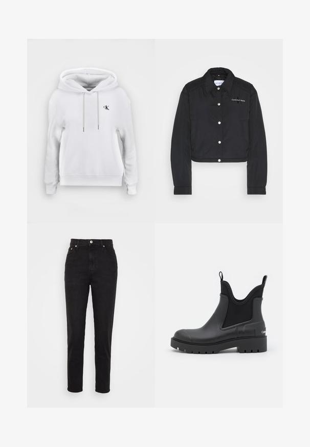 Calvin Klein Jeans CROPPED COACH JACKET - Overgangsjakke - black; Hvid hættetrøje med snore foran og lille sort "cK" logo på venstre bryst, ribstrikkede manchetter og kant.; Sorte højtaljede slim-fit jeans med frontknap, bæltesløjfer og fem-lomme design på hvid baggrund.; Sort ankelstøvle lavet af gummi med en mat finish, elastiske sidepaneler, trækflap og en kraftig sål med mønster. Har et logo på hælen.