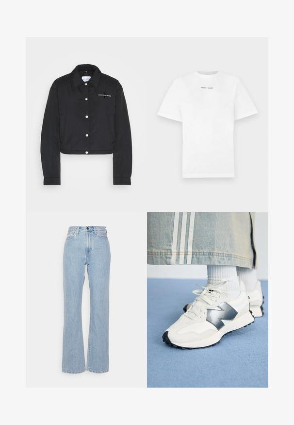 Calvin Klein Jeans CROPPED COACH JACKET - Overgangsjakke - black; Hvid bomulds t-shirt med korte ærmer, rund halsudskæring og sort trykt tekst "SAMSØE SAMSØE" på brystet. Glat tekstur og almindelig pasform.; Lysblå denimjeans med høj talje, bred benudskæring, med bæltestropper, knaplukning foran og klassisk fem-lommer stil.; Hvide sportsko med sølvdetaljer, tekstureret stof og glat læder; med en sort gummisål og snørebånd.